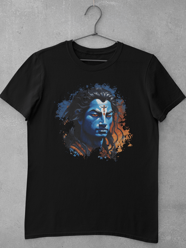 A black mahadev t shirt featuring a large digital print of an original acrylic painting depicting Shiva