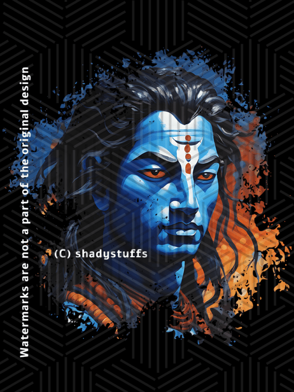 A black mahadev t shirt featuring a large digital print of an original acrylic painting depicting Shiva