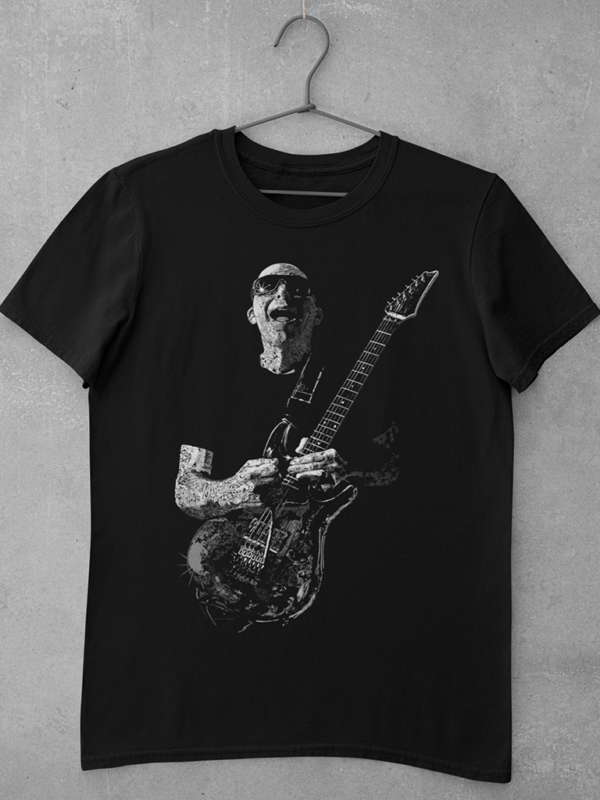 A Joe Satriani t shirt design featuring an original sketch of Joe Satriani playing his guitar