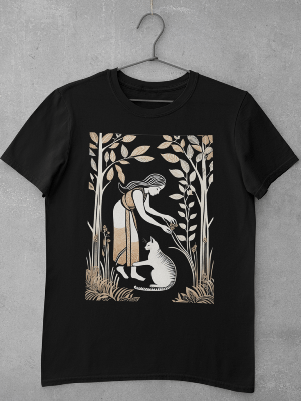 A black cat t shirt for women featuring a large digital print of a linocut artwork depicting a young woman playing with her cat