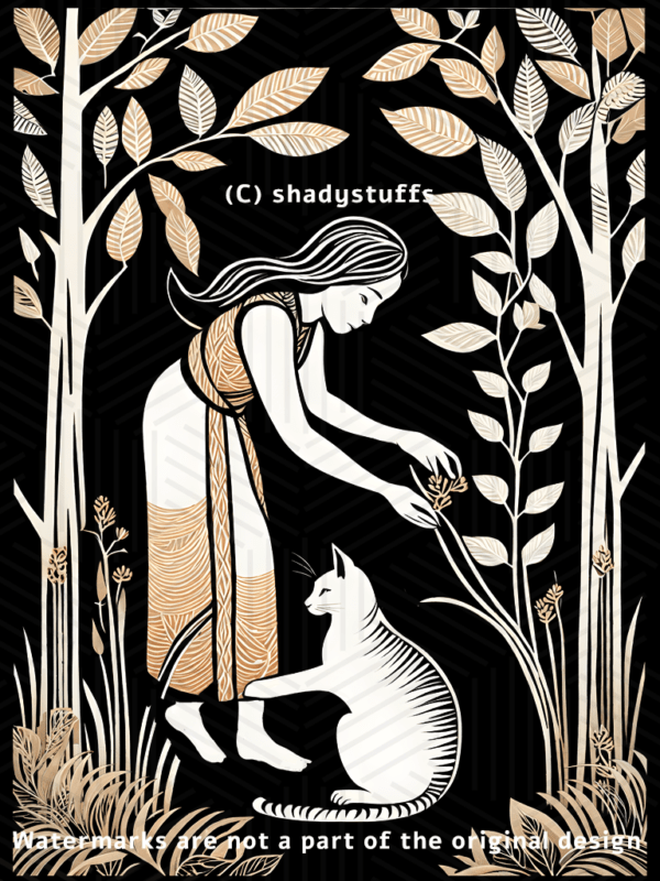 A cat t shirt design for women featuring a linocut artwork depicting a young woman playing with her cat