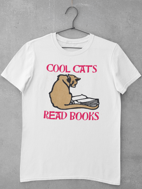 A white cat t shirt featuring a large digital print of a linocut artwork depicting a cat reading a book and a quote