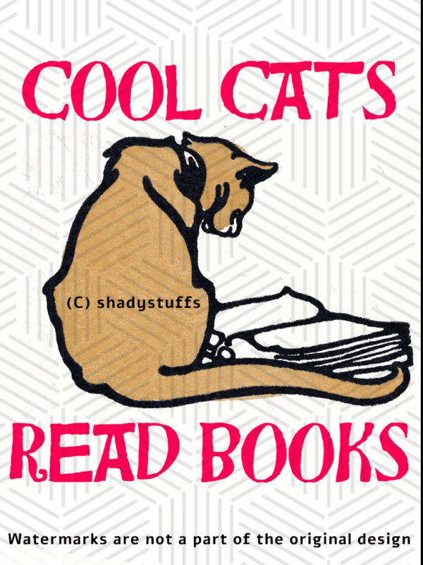 A cat t shirt design featuring a linocut artwork depicting a cat reading a book and a quote