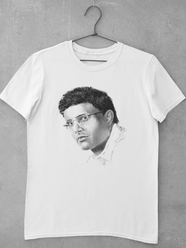 A white Bangali t shirt featuring a large digital print of a pencil sketch of Sourav Ganguly