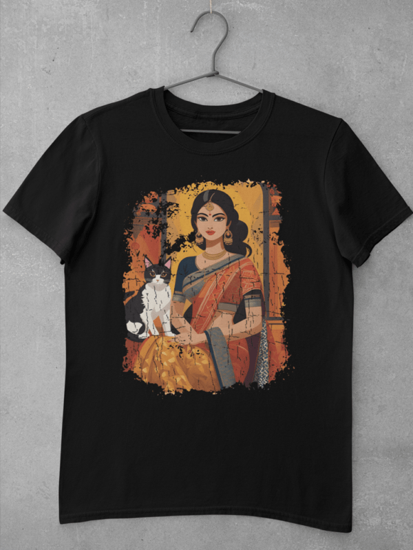 A black cat t shirt for women featuring a large digital print of a illustration depicting a young woman with her cat