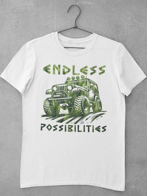 A white car t shirt featuring a large digital print of an off roader in a forest