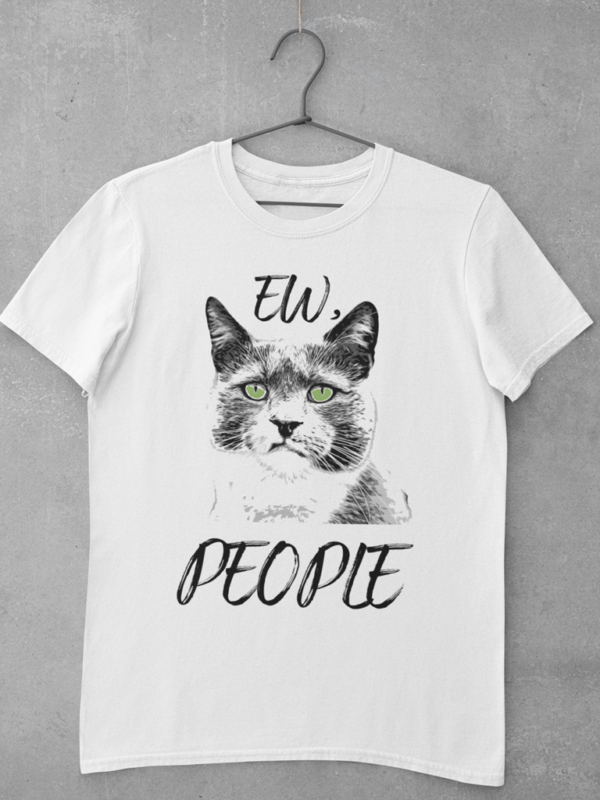 A white cat t shirt featuring a large digital print of a cat making a funny face