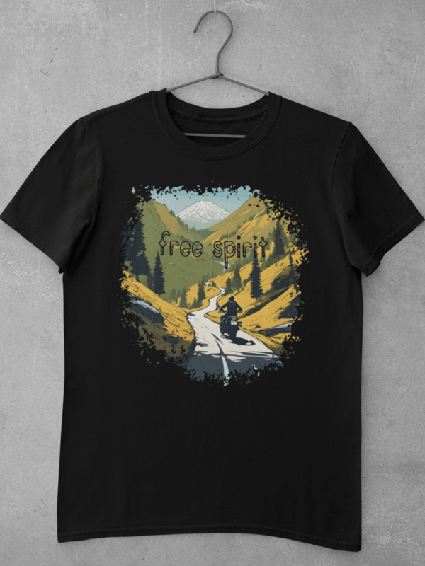 A black biker t shirt featuring a large digital print of an oil painting of a biker riding his bike on a mountain road