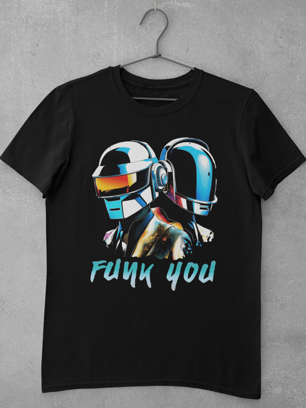 A black Daft Punk t shirt featuring a large digital print of an original psychedelic art of Daft Punk