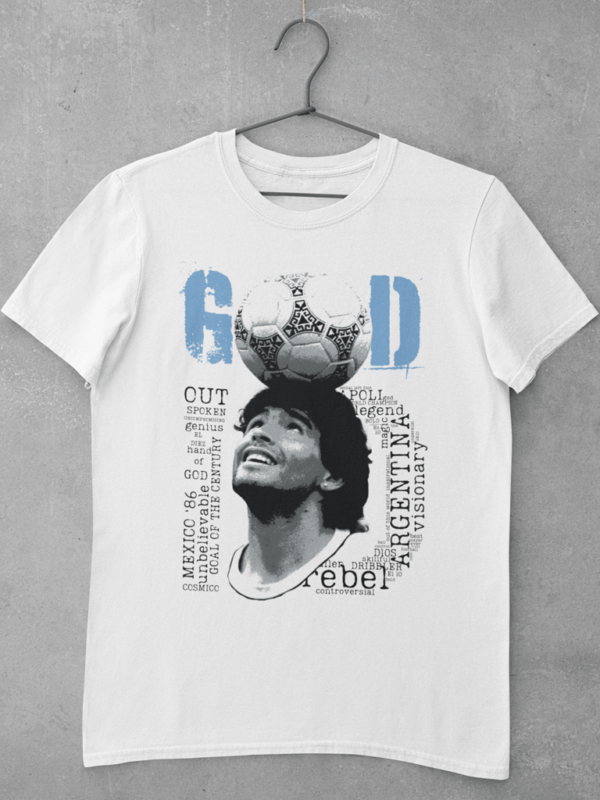 A white Maradona t shirt featuring a large digital print of a unique original artwork of Maradona balancing a ball over his head