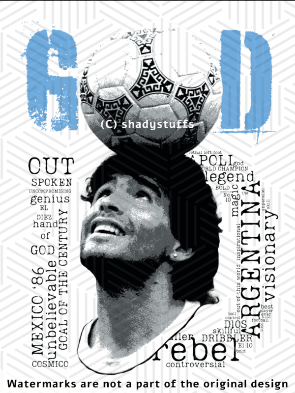 A Maradona t shirt featuring a unique original artwork of Maradona balancing a ball over his head