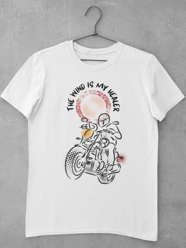 A white biker t shirt featuring a large digital print of a biker, depicted in unique line art style and a biker quote