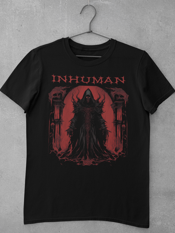 A black death metal t shirt featuring a large digital print of an original artwork of the devil