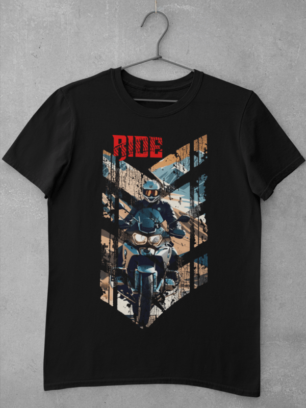 A black biker t shirt featuring a large digital print of biker in Ladakh