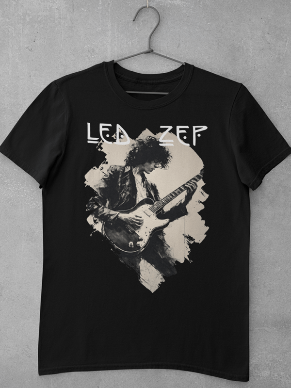 A black Led Zeppelin t shirt featuring a large digital print of an ink sketch of Jimmy Page playing his guitar