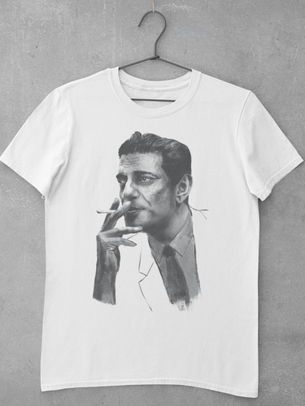 A white Bengali graphic t shirt featuring a large digital print of a charcoal sketch portrait of Satyajit Ray, an iconic movie director from Bengal