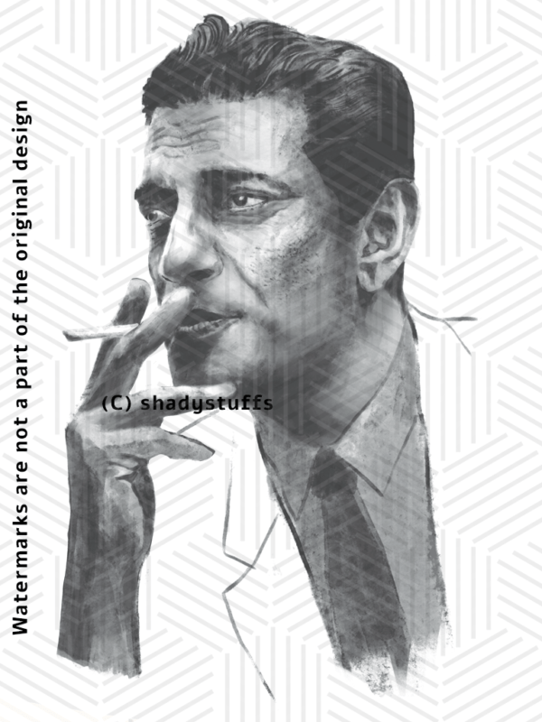 A Bengali t shirt design featuring a charcoal sketch portrait of Satyajit Ray, an iconic movie director from Bengal