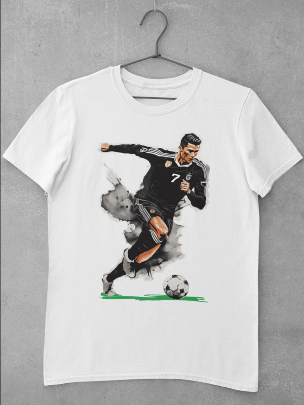 A white CR7 t shirt featuring a large digital print of an original painting of CR7