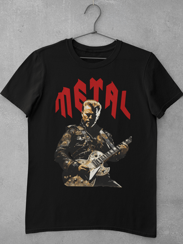 A black Metallica t shirt featuring a large digital print of an original acrylic painting of James Hetfield playing his guitar