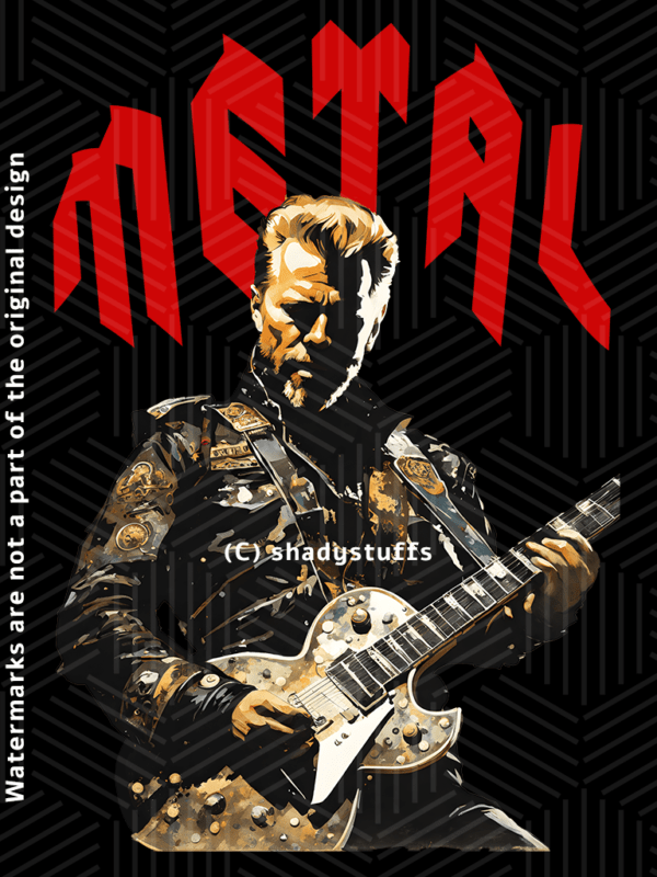 A Metallica t shirt design featuring a large digital print of an original acrylic painting of James Hetfield playing his guitar