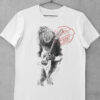 A white Megadeth t shirt featuring a large digital print of a unique charcoal sketch of Dave Mustaine playing his guitar