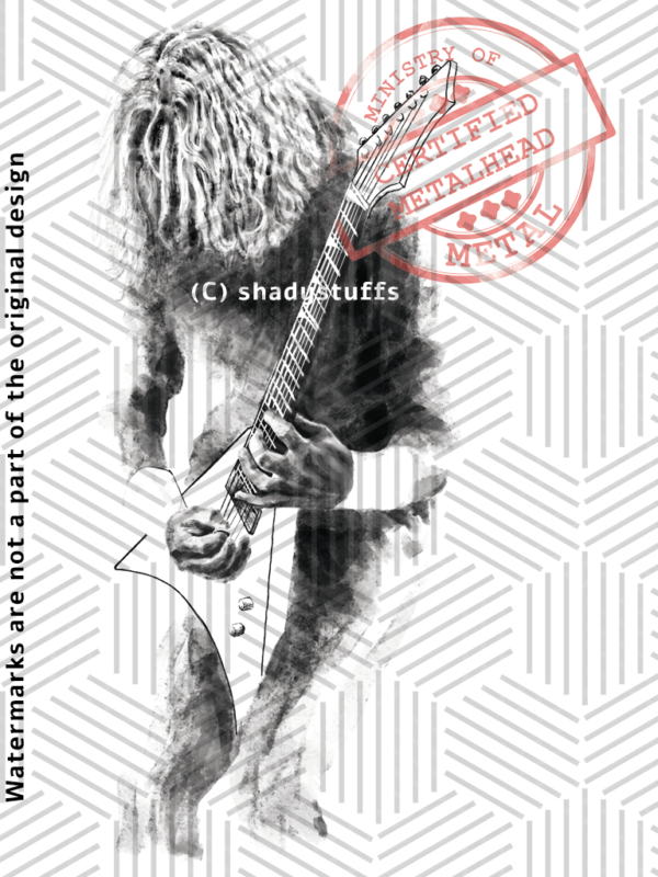 A Megadeth t shirt design featuring a unique charcoal sketch of Dave Mustaine playing his guitar