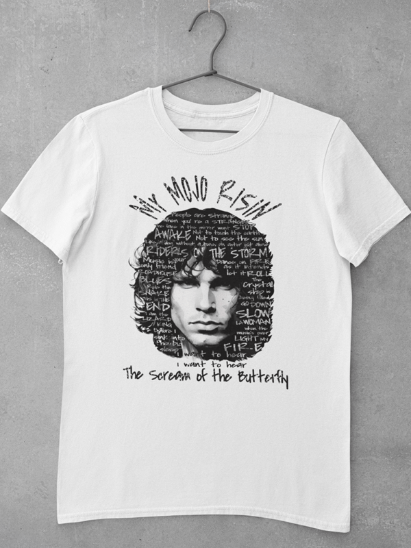 A white Doors t shirt featuring a large digital print of a unique artwork of Jim Morrison, along with some lyrics