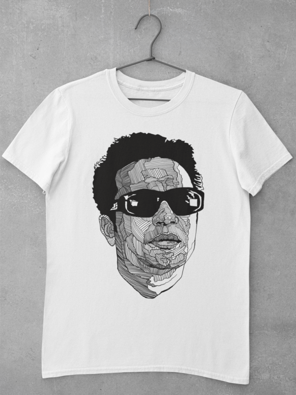 A white Bengali t shirt featuring a large digital print of Uttam Kumar, drawn in unique line art style