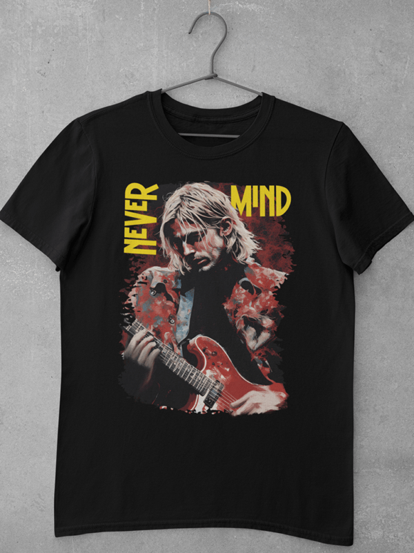 A black Nirvana t shirt featuring a large digital print of an acrylic art of Kurt Cobain