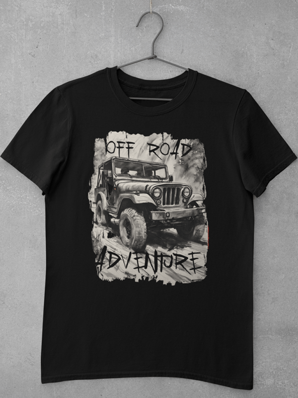 A black car t shirt featuring a large digital print of an ink sketch of a Mahindra Thar off roading