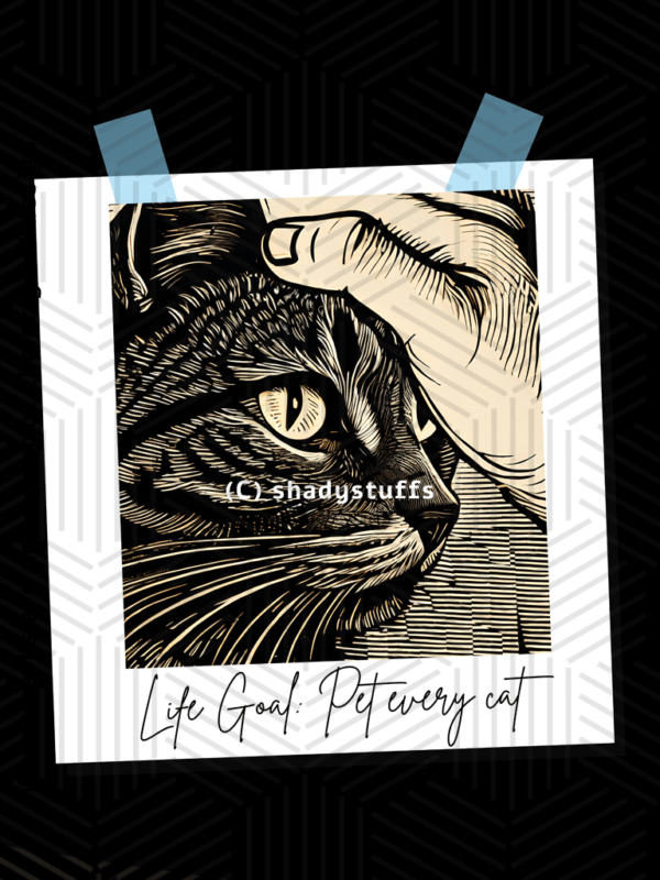 A cat t shirt design featuring an original linocut artwork depicting a cat being petted