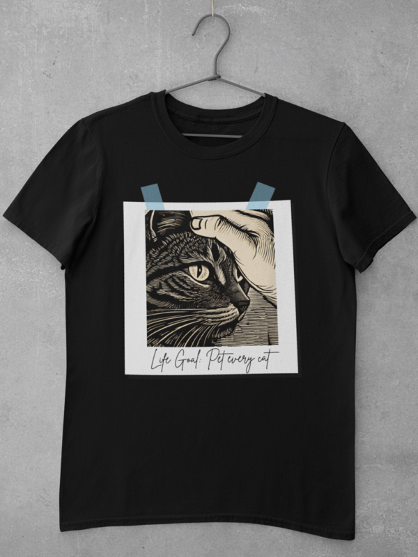 A black cat t shirt featuring a large digital print of an original linocut artwork depicting a cat being petted