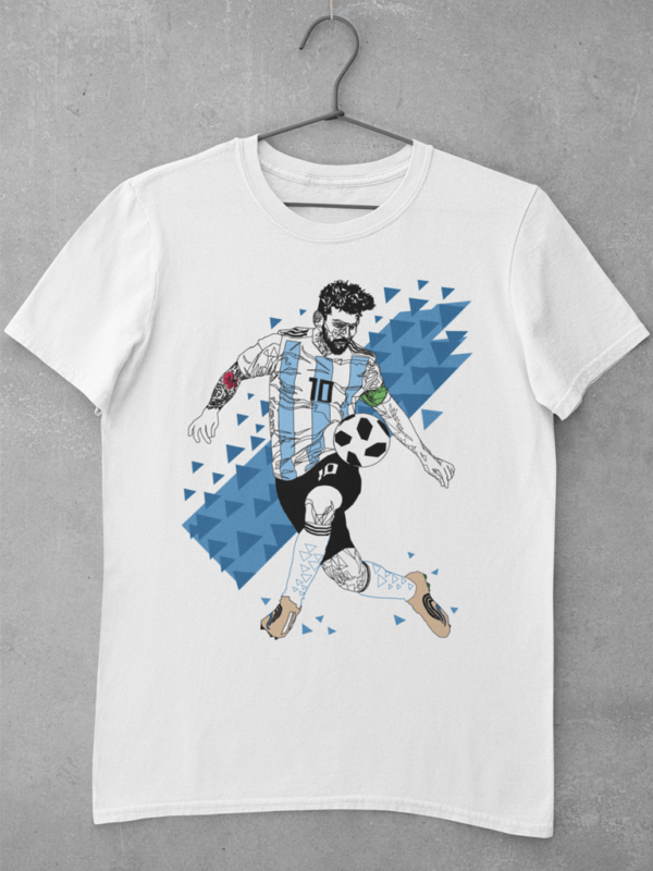 A white Messi t shirt featuring a large digital print of a unique line art of Lionel Messi