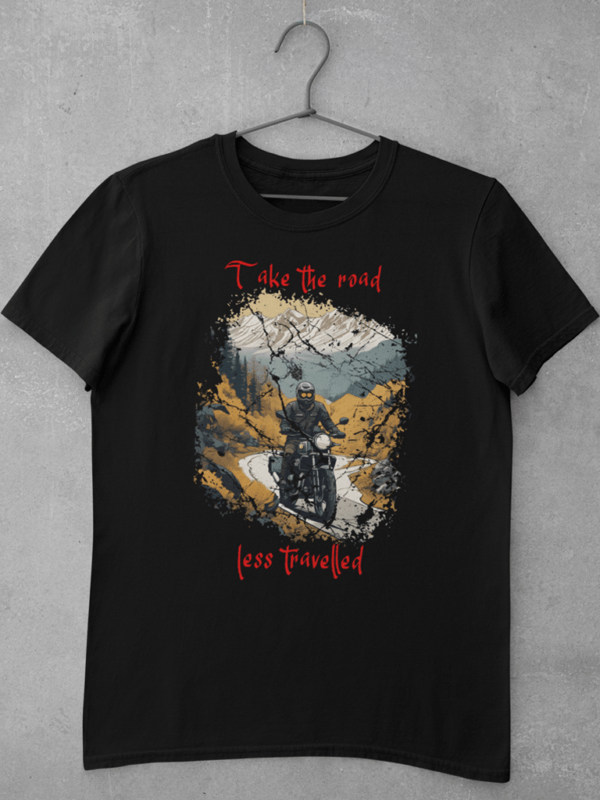 A black biker t shirt featuring a large digital print of a biker riding a motorcycle on a mountain road