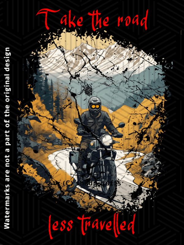 A biker t shirt design featuring a biker riding a motorcycle on a mountain road