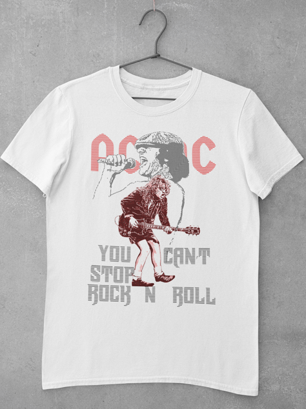 A white ACDC t shirt featuring a large digital print of a unique line art