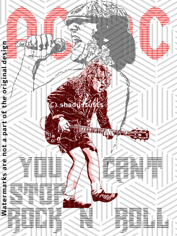 An ACDC t shirt design featuring a unique line art graphic of Angus Young and Brian Robson rocking on stage