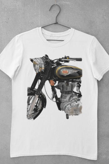 The Royal - biker t shirt featuring realistic painting of a Royal Enfield classic motorcycle