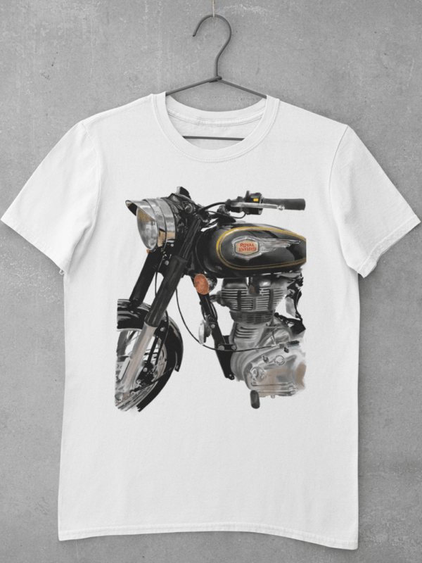 A white biker t shirt featuring a large digital print of a realistic painting of a Royal Enfield classic motorcycle