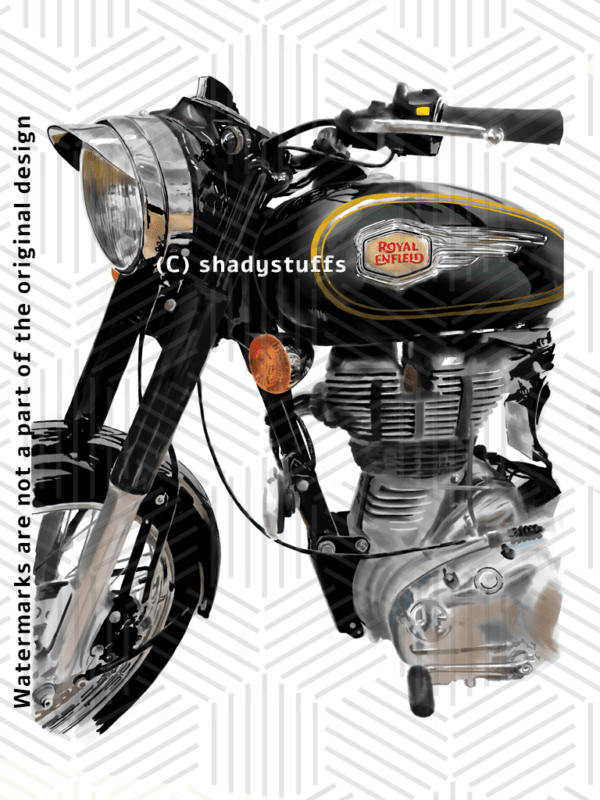 A biker t shirt design featuring a realistic painting of a Royal Enfield classic motorcycle