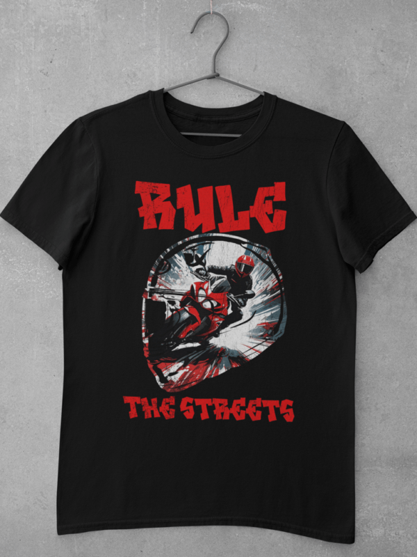 A black biker t shirt featuring a large digital print of a biker riding a motorcycle through city streets