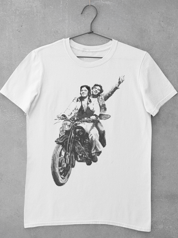 A white bollywood t shirt featuring a large digital print of an original charcoal sketch of Amitabh Bachchan and Dharmendra from the iconic movie Sholay