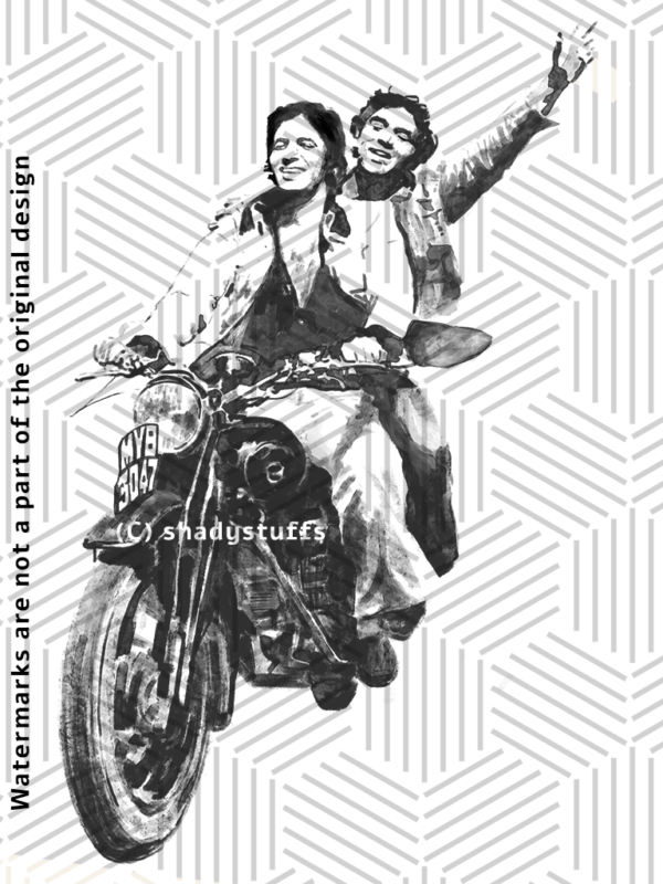 A bollywood t shirt design featuring an original charcoal sketch of Amitabh Bachchan and Dharmendra from the iconic movie Sholay