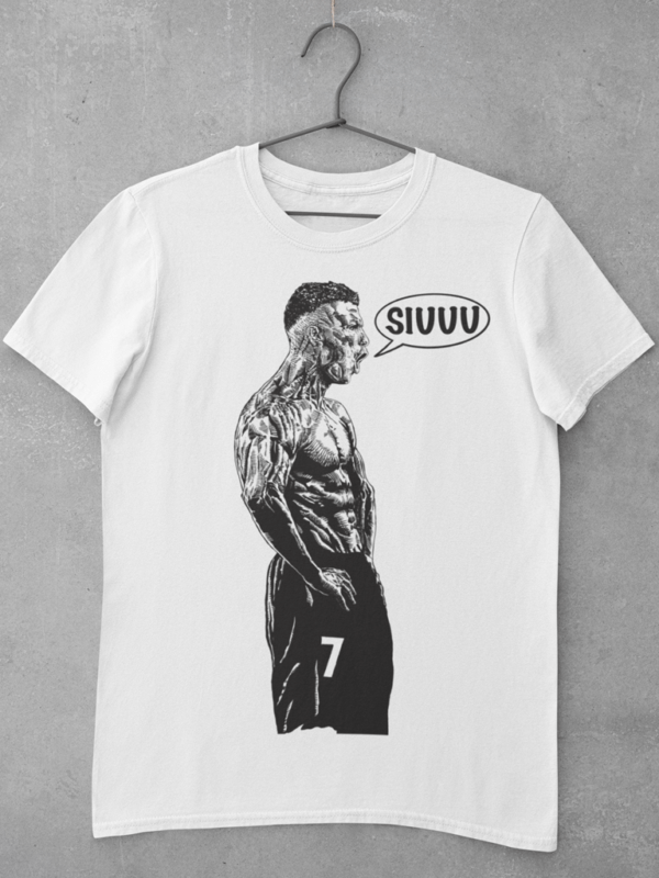 A white Ronaldo t shirt featuring a large digital print of CR7 performing his iconic SIUUU celebration, drawn in comic ink style