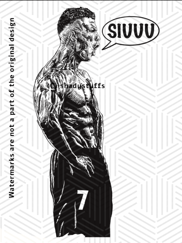 A Ronaldo t shirt design featuring CR7 performing his iconic SIUUU celebration, drawn in comic ink style