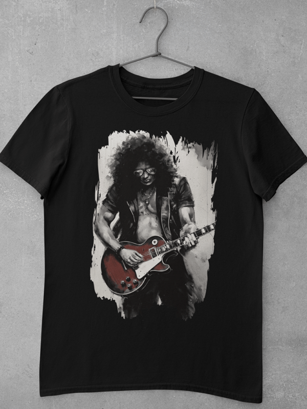 A black Guns and Roses t shirt featuring a large digital print of an ink sketch of Slash playing his guitar