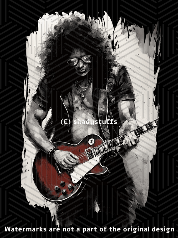 A Guns and Roses t shirt design featuring an ink sketch of Slash playing his guitar