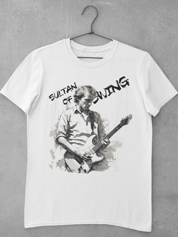 A white Dire Straits t shirt featuring a large digital print of an original ink sketch of Mark Knopfler