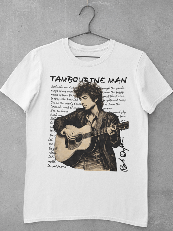 A white Bob Dylan t shirt featuring a large digital print of an original artwork of Bob Dylan