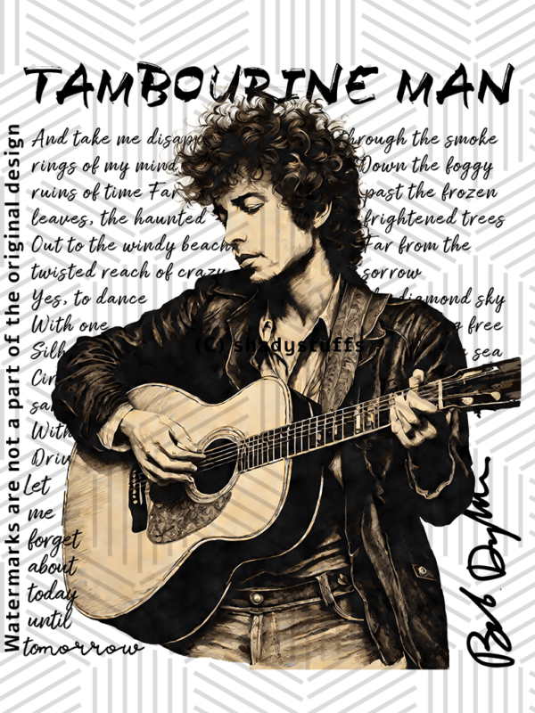 A Bob Dylan t shirt design featuring a large digital print of an original ink sketch of Bob Dylan, painted in warm sepia tones